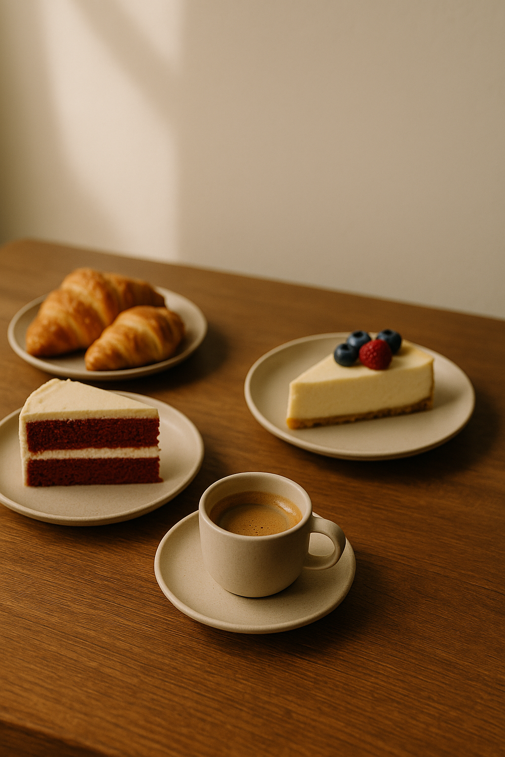 Mesa con café, red velvet y cheesecake en Velvet House