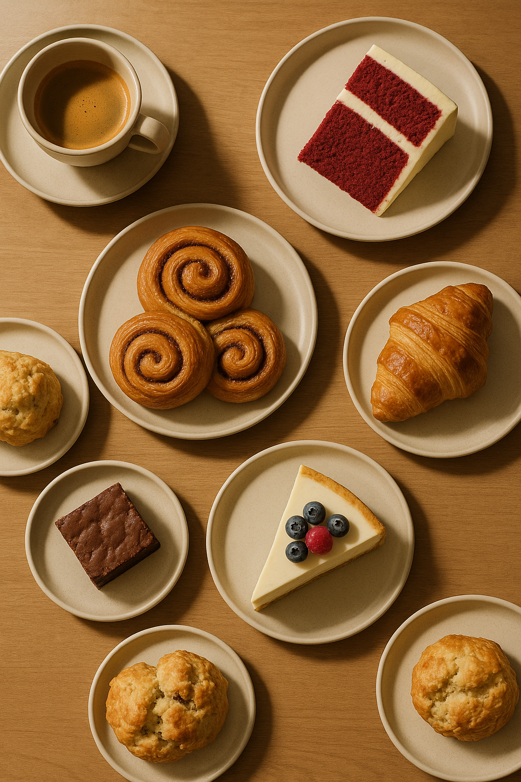 Mesa con café, red velvet, cheesecake, rollos de canela, scones y brownies en Velvet House