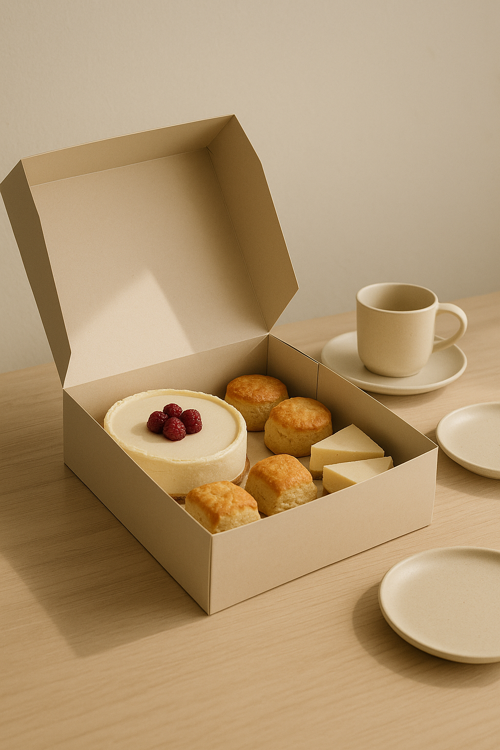 Caja con cheesecake y scones en Velvet House