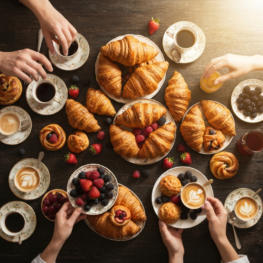 Mesa de brunch con pastelería y café